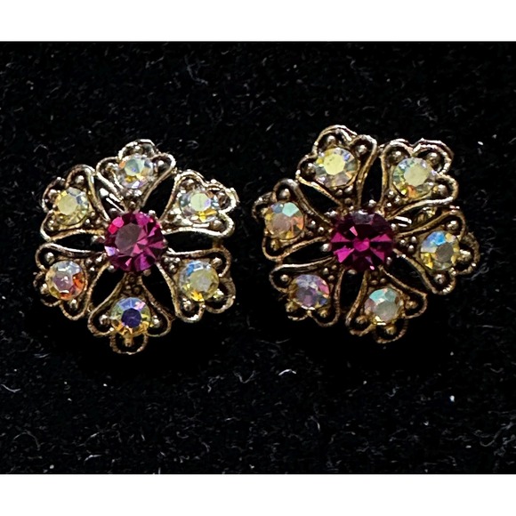 Weiss Furs Jewelry - Vintage Weiss Clip on Floral Earrings Gold Tone AB & Fuschia Rhinestones